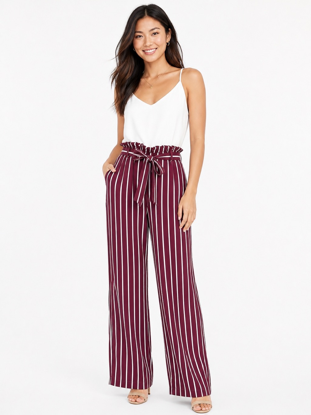 Belle & Tweed Burgundy & Cream Striped Wide-Leg Jumpsuit XL — Spaghetti Straps